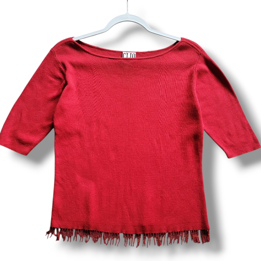 Vtg Clio Red Stretch Silk Cotton Blend Beaded Elbow Length‎ Sleeves Top Medium